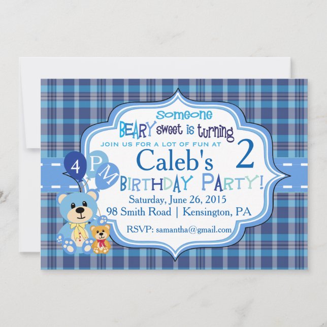 Invitation d'anniversaire de l'ours plaid (Devant)
