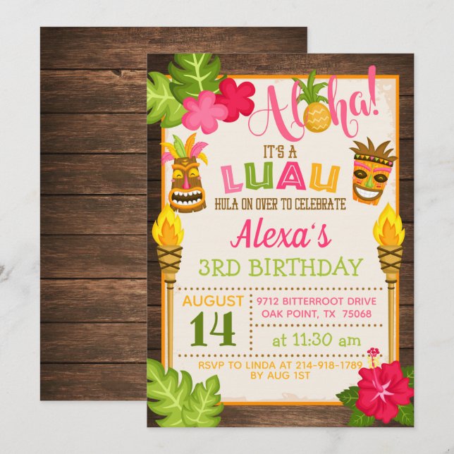 Invitation d'anniversaire de Luau (Devant / Derrière)