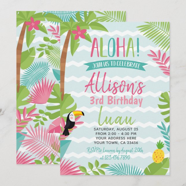 Invitation d'anniversaire de Luau Hawaiian (Devant / Derrière)