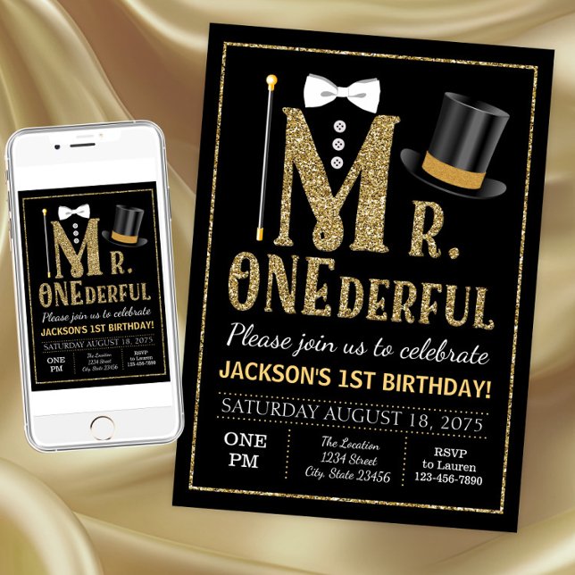 Invitation d'anniversaire de M. ONEderful (Boy Mr. Onderful 1st birthday party invitation. Download and printed invitations available.)