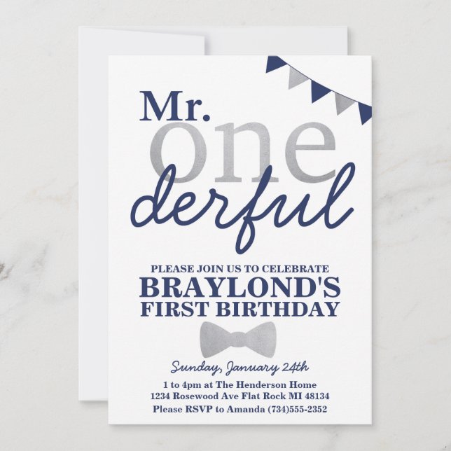 Invitation d'anniversaire de M. Onederful (navy &  (Devant)