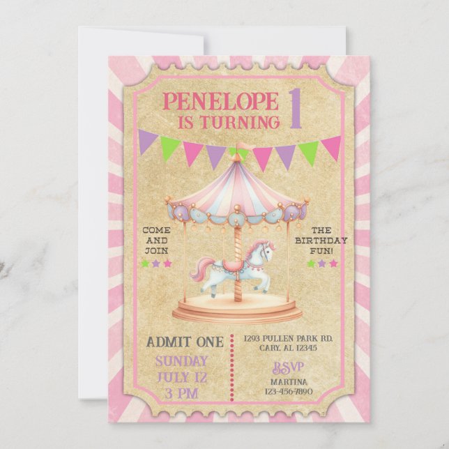 Invitation d'anniversaire de manège de fête forain (Devant)