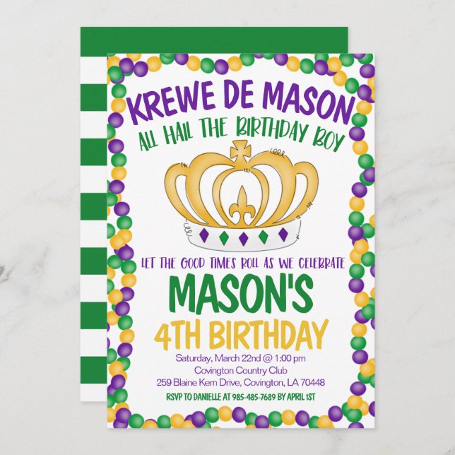 Invitation d'anniversaire de Mardi Gras (Devant / Derrière)