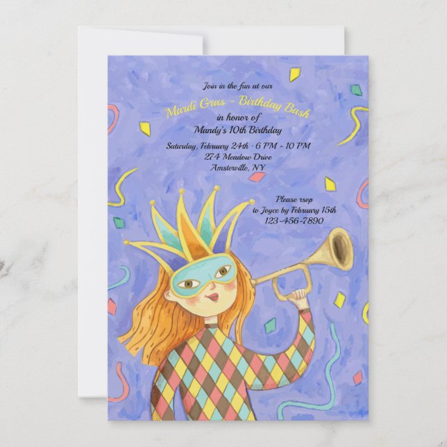 Invitation d'anniversaire de Mardi Gras (Devant)