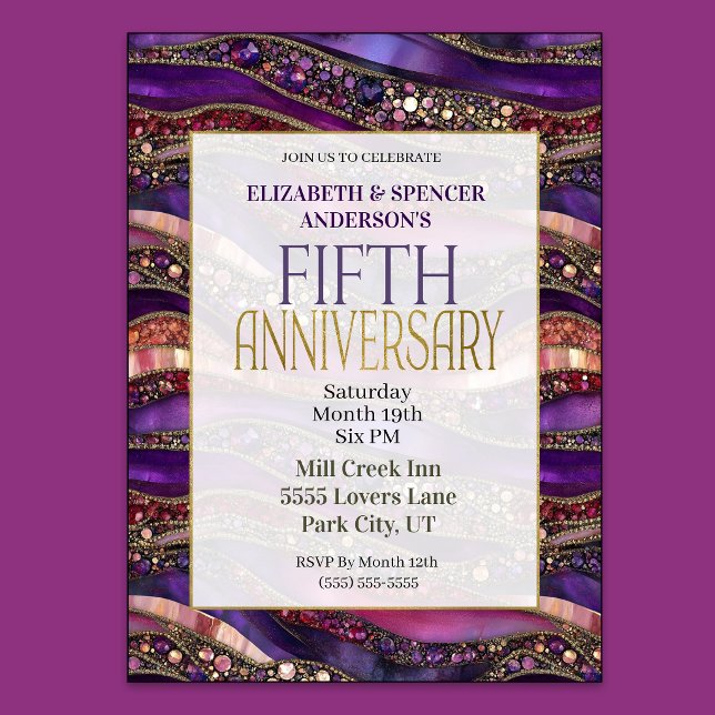 Invitation d'anniversaire de mariage 5 ans Purple  (Purple and Gold Jeweled Strata 5th Wedding Anniversary Invitation)