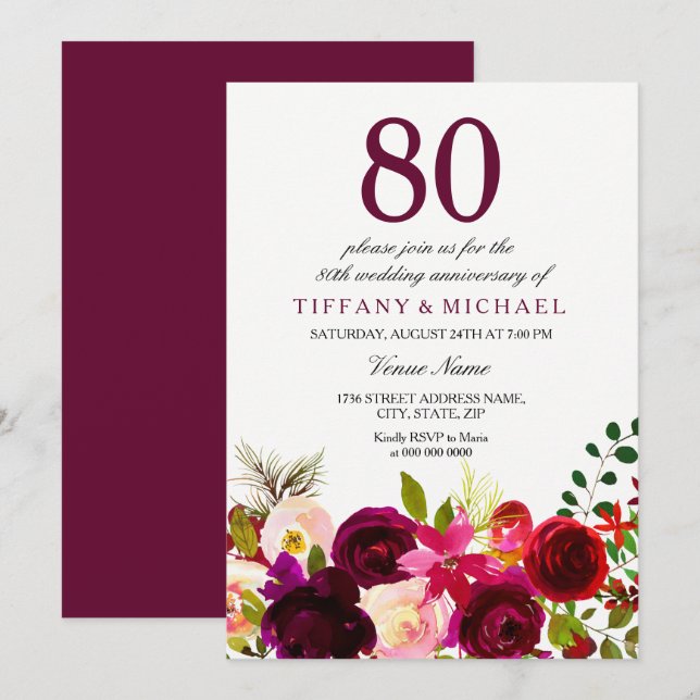 Invitation d'anniversaire de mariage 80 ans avec f (Devant / Derrière)
