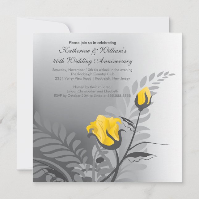 Invitation d'anniversaire de mariage avec rose jau (Devant)