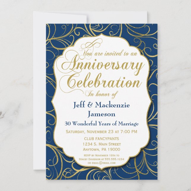 Invitation d'anniversaire de mariage bleu marine e (Devant)