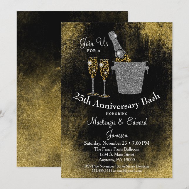 Invitation d'anniversaire de mariage Champagne Noi (Devant / Derrière)