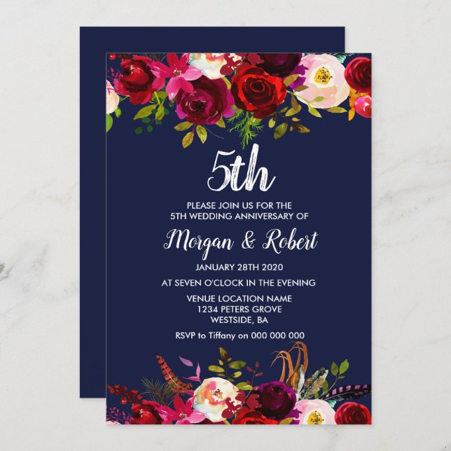 Invitation d'anniversaire de mariage de 5 ans à fl (Devant / Derrière)