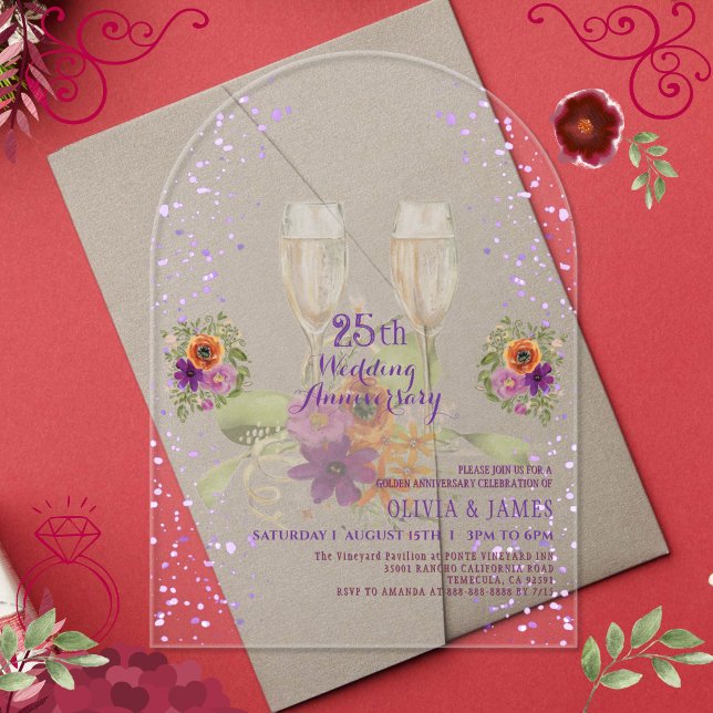 Invitation d'anniversaire de mariage en acrylique  (Luxury Purple Floral Acrylic 25th Anniversary Invitations)
