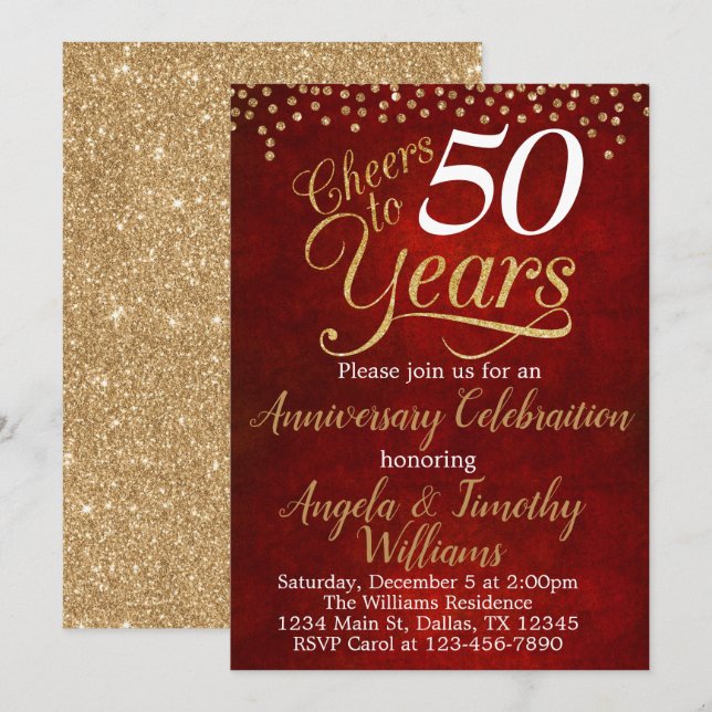 Invitation d'anniversaire de mariage en or rouge r (Devant / Derrière)