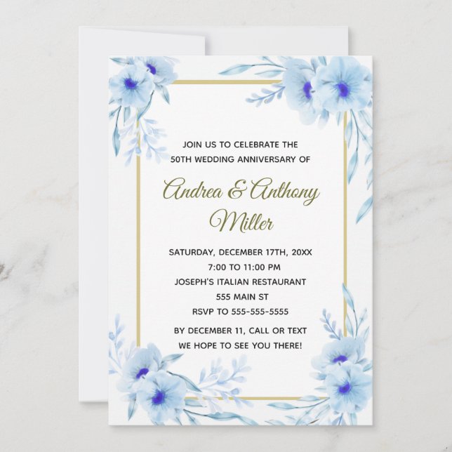 Invitation d'anniversaire de mariage floral bleu o (Devant)