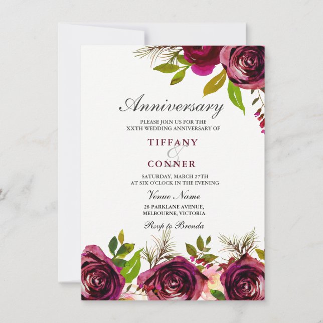 Invitation d'anniversaire de mariage floral bordea (Devant)