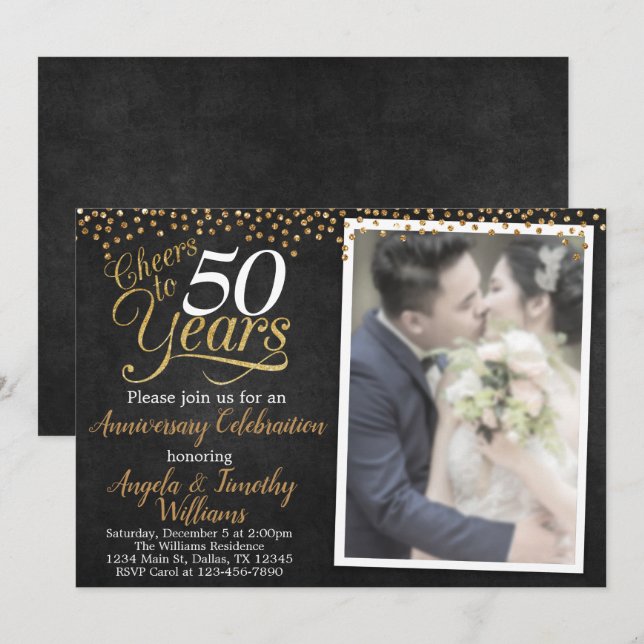 Invitation d'anniversaire de mariage Noir et Or (Devant / Derrière)