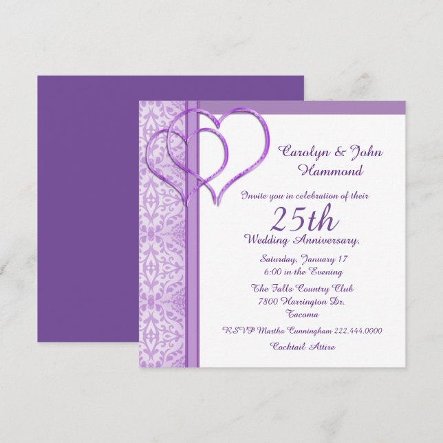 Invitation d'anniversaire de mariage Purple Hearts (Devant / Derrière)