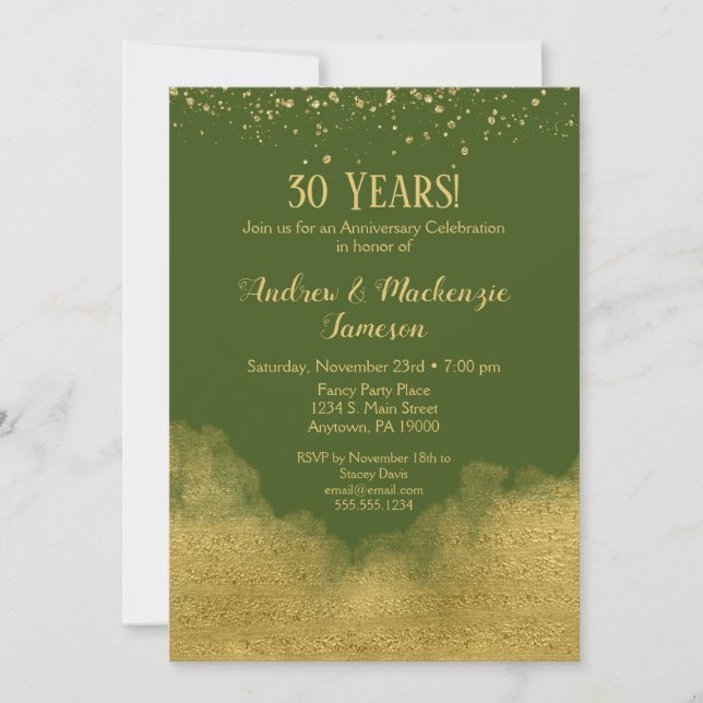 Invitation d'anniversaire de mariage Vert Olive Or (Devant)