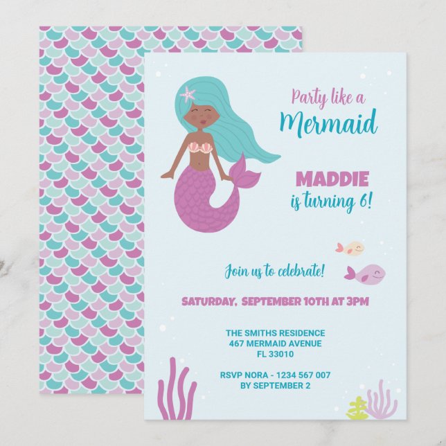 Invitation d'anniversaire de Mermaid noire (Devant / Derrière)