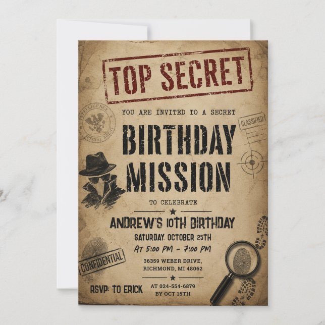 Invitation d'anniversaire de mission d'espionnage  (Devant)