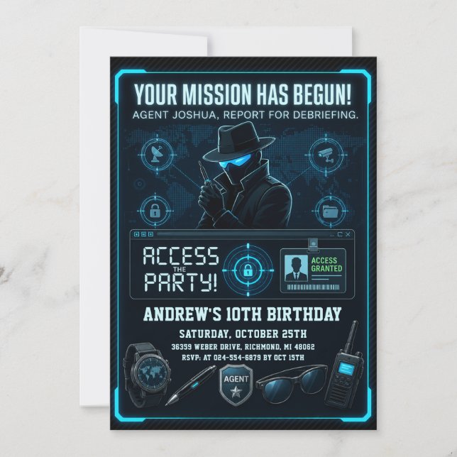 Invitation d'anniversaire de mission d'espionnage  (Devant)