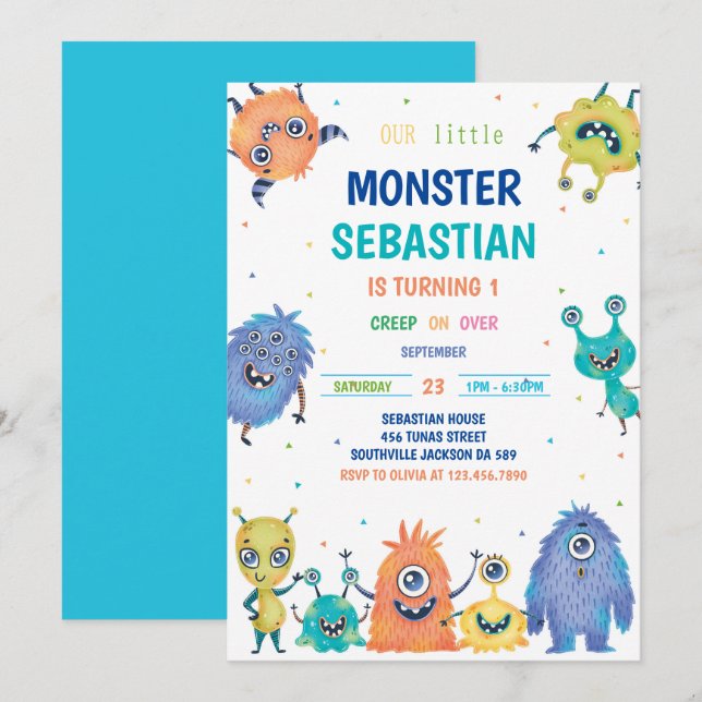 Invitation d'anniversaire de Monster (Devant / Derrière)