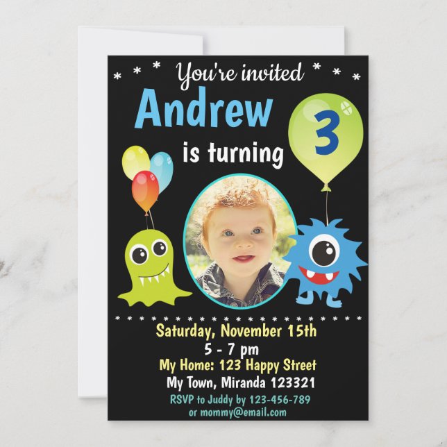 Invitation d'anniversaire de monstre heureux migno (Devant)