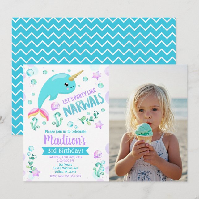 Invitation d'anniversaire de narval sous la mer (Devant / Derrière)