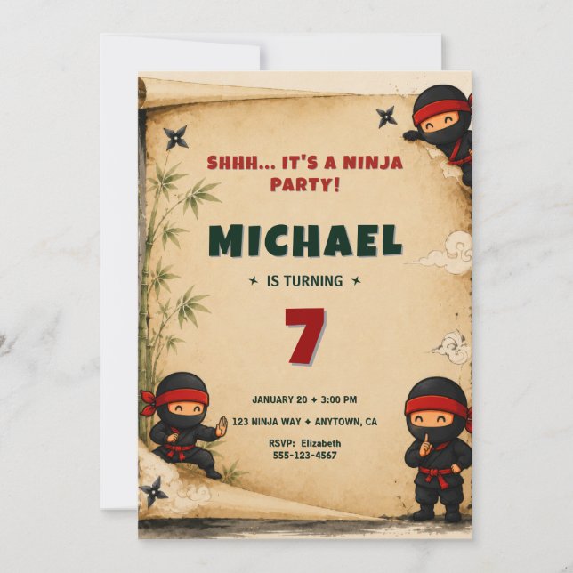 Invitation d'anniversaire de ninja mignon (Devant)