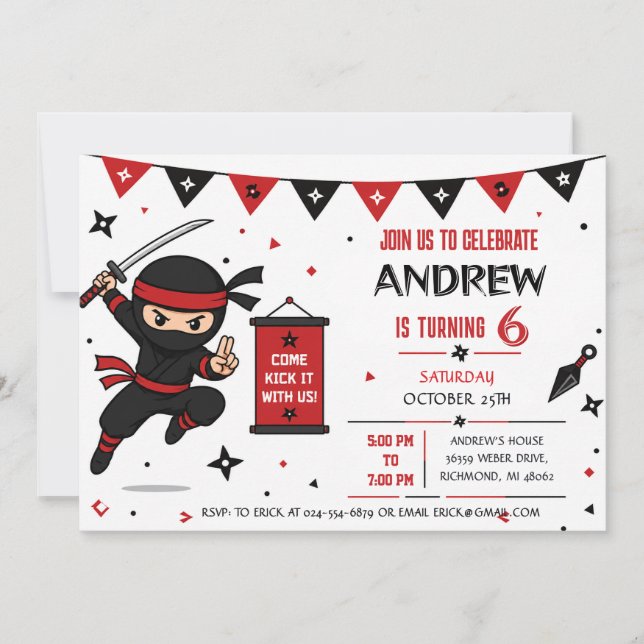 Invitation d'anniversaire de ninja personnalisée (Devant)