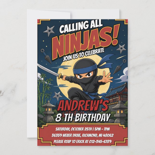 Invitation d'anniversaire de ninja personnalisée p (Devant)