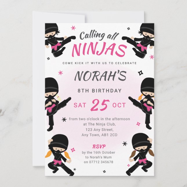 Invitation d'anniversaire de ninja rose - Fête de  (Devant)