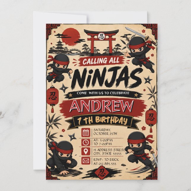 Invitation d'anniversaire de ninjas samouraïs pers (Devant)