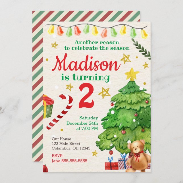 Invitation d'anniversaire de Noël Aquarelle Vintag (Devant / Derrière)