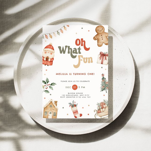 Invitation d'anniversaire de Noël pour 1 an Rouge  (Oh what fun christmas 1st birthday invitation for boys and girls
)