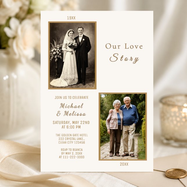 Invitation d'anniversaire de notre histoire d'amou (Elegant our love story anniversary invitation with timeless ivory and gold romance)