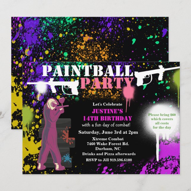 Invitation d'anniversaire de paintball pour fille (Devant / Derrière)