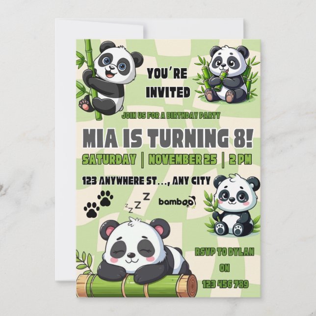 Invitation d'anniversaire de panda mignon  (Devant)