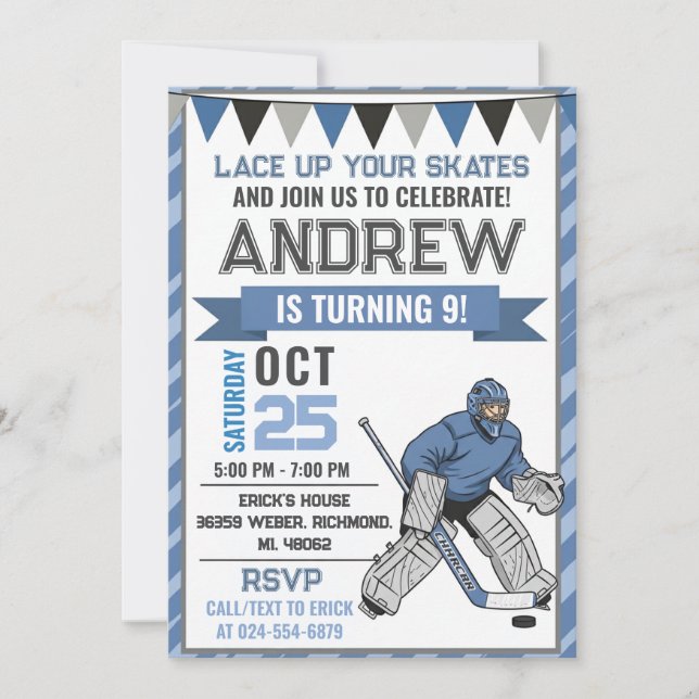 Invitation d'anniversaire de patinage de hockey pe (Devant)