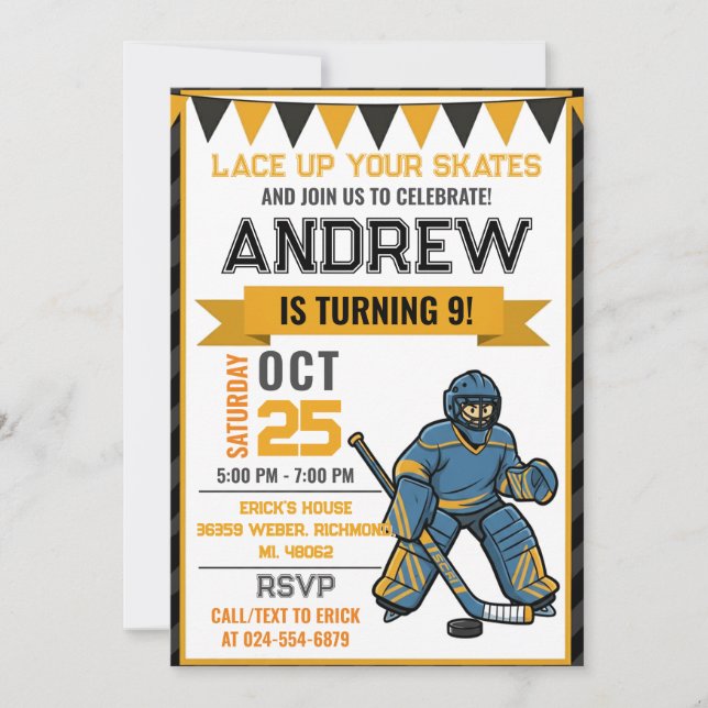Invitation d'anniversaire de patinage de hockey pe (Devant)