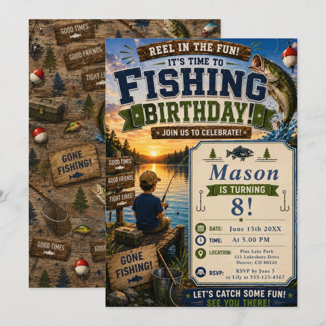 Invitation d'anniversaire de pêche (Devant / Derrière)