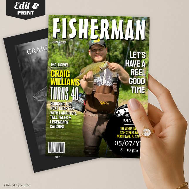 Invitation d'anniversaire de pêcheur, Magazine de  (Fisherman Birthday Invite, Fishing Magazine Invitation)