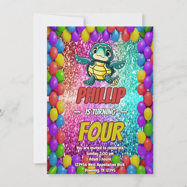 Invitation d'anniversaire de personnage de tortue (Devant)