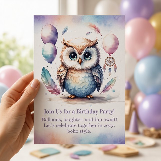 Invitation d'anniversaire de petite chouette bois  (Little Owl Birthday Invitation Woodland Boho)
