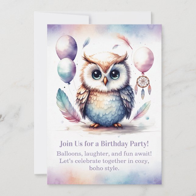 Invitation d'anniversaire de petite chouette bois  (Devant)