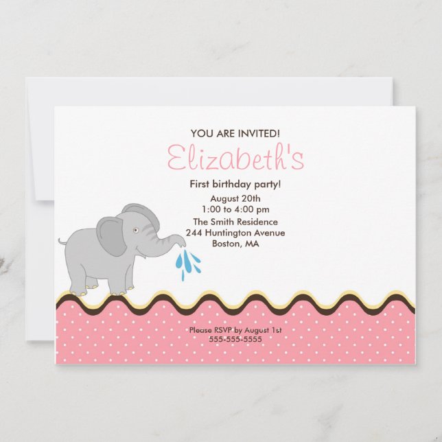 Invitation d'anniversaire de petite fille d'élépha (Devant)