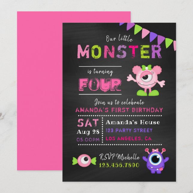 Invitation d'anniversaire de petite fille monstre  (Devant / Derrière)