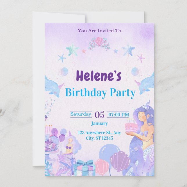 Invitation d'anniversaire de petite fille sirène m (Devant)