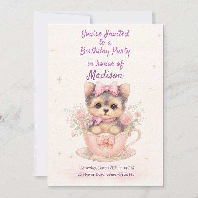 Invitation d'anniversaire de petite fille Yorkie T (Devant)