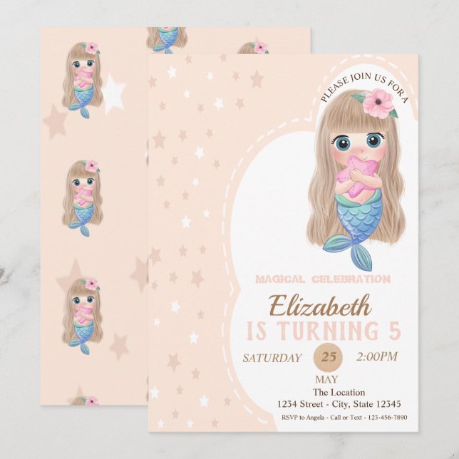 Invitation d'anniversaire de petite sirène bébé mi (Devant / Derrière)