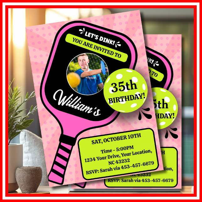 Invitation d'anniversaire de Pickleball PHOTO Rose (Pickleball Birthday RETRO Pink Sports PHOTO Invitation)